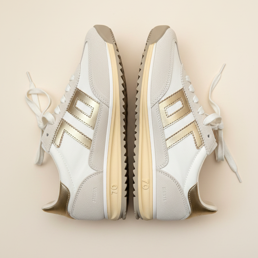 White sneakers with gold accents on a beige background
