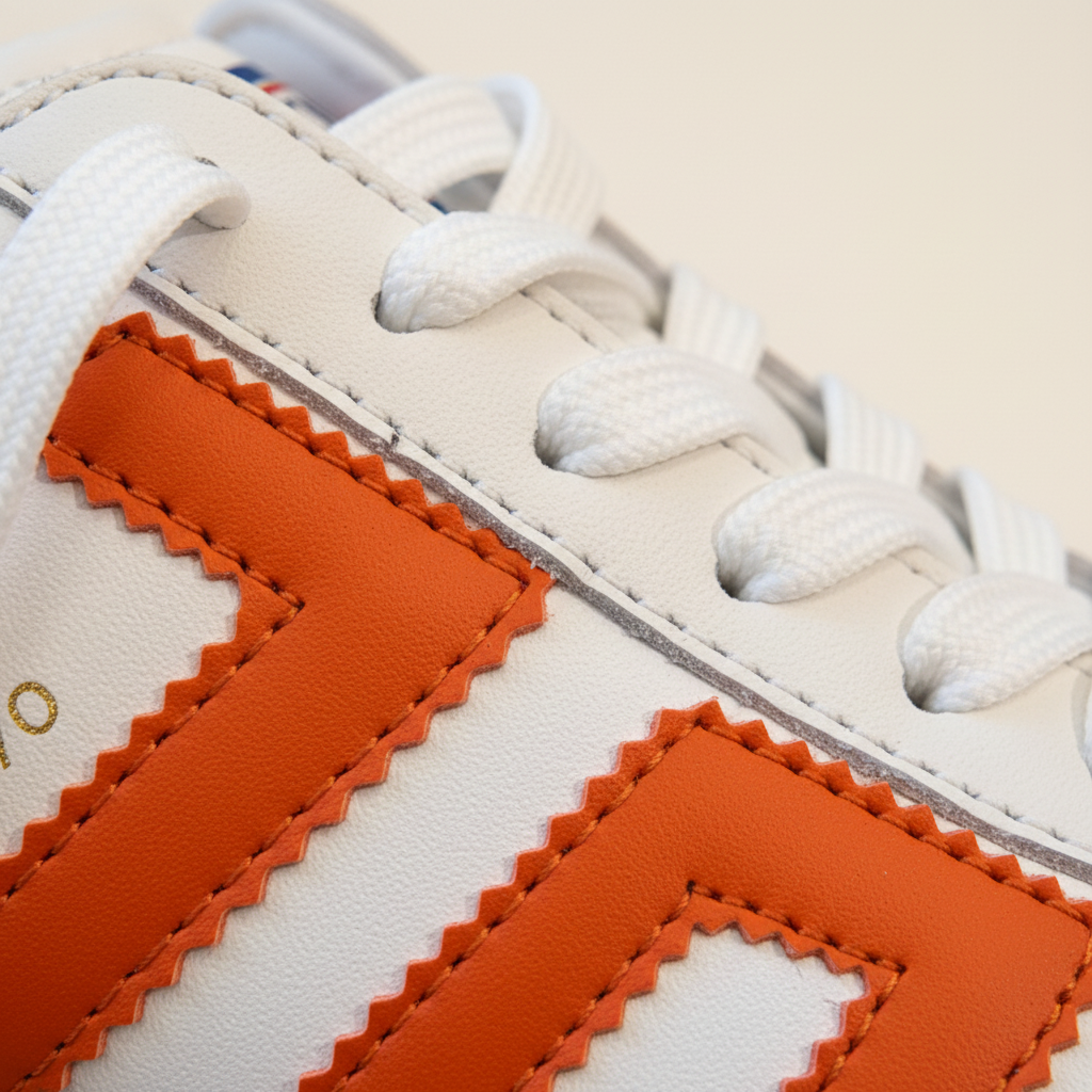 Close-up of a white sneaker with orange accents on a beige background