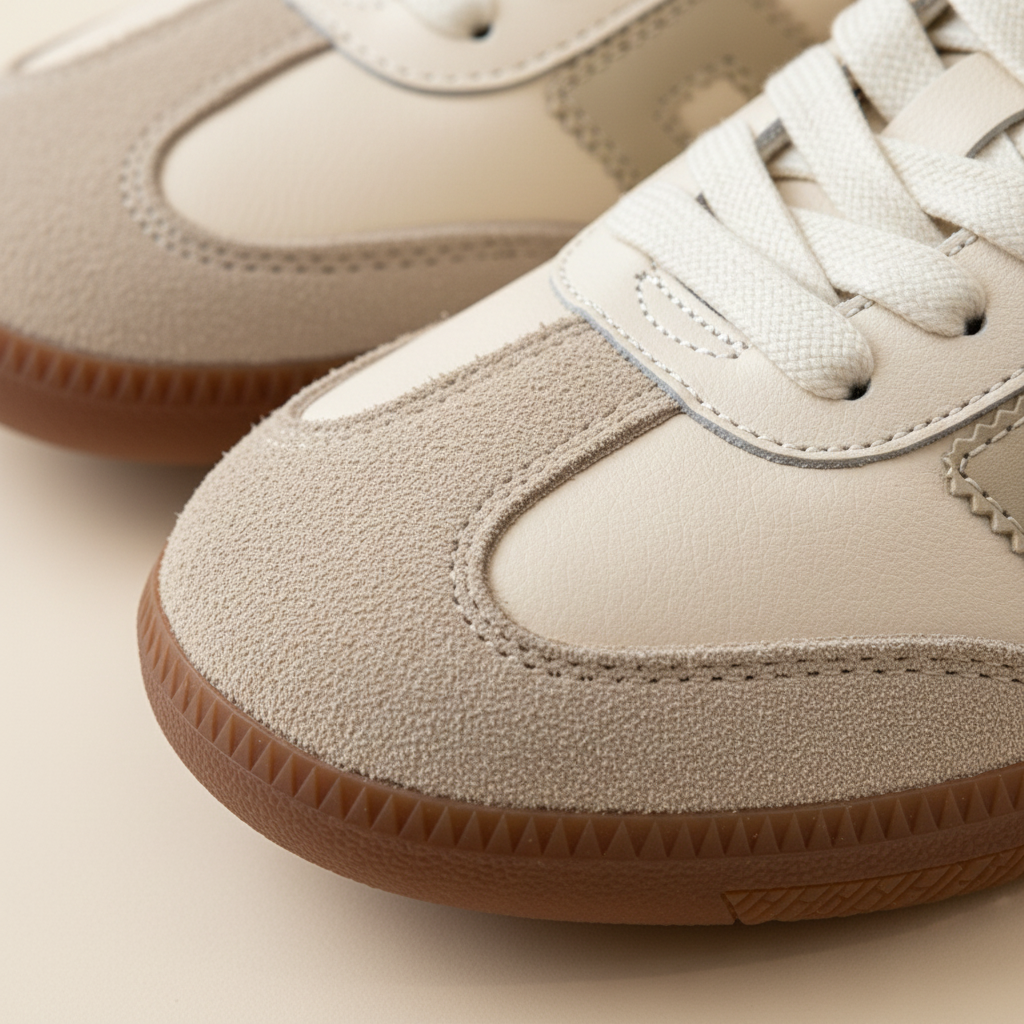 Close-up of beige sneakers with brown soles on a light background