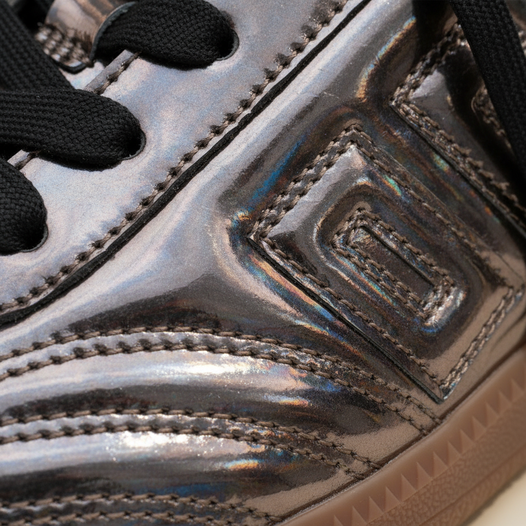Close-up of a metallic silver sneaker with a brand logo on the side.