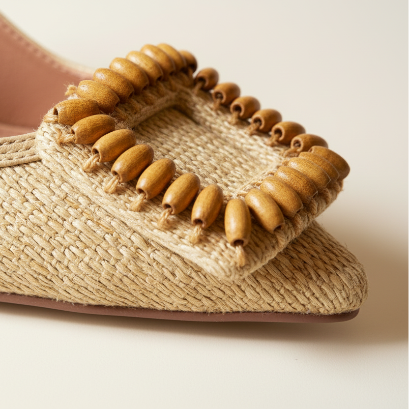 Woven sandal with wooden beads on a light background