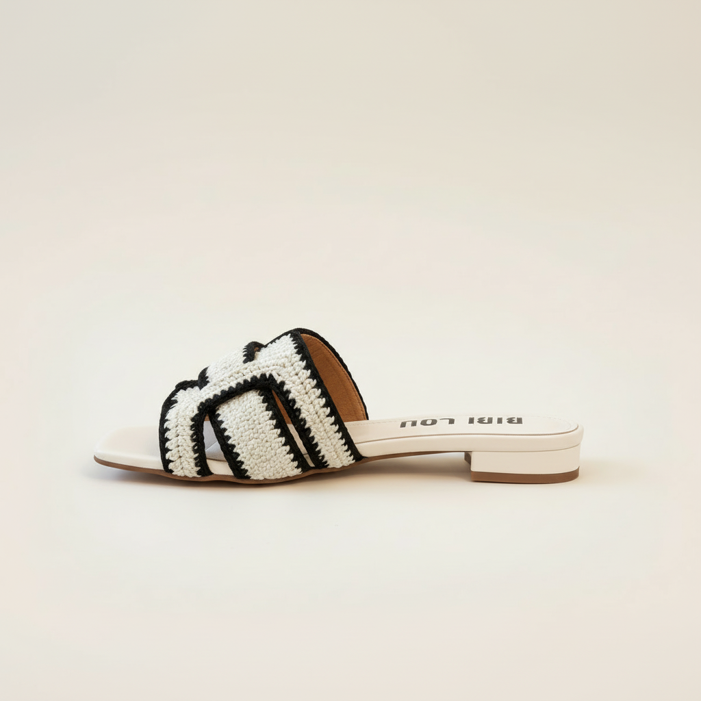 Black and white striped sandal on a light beige background