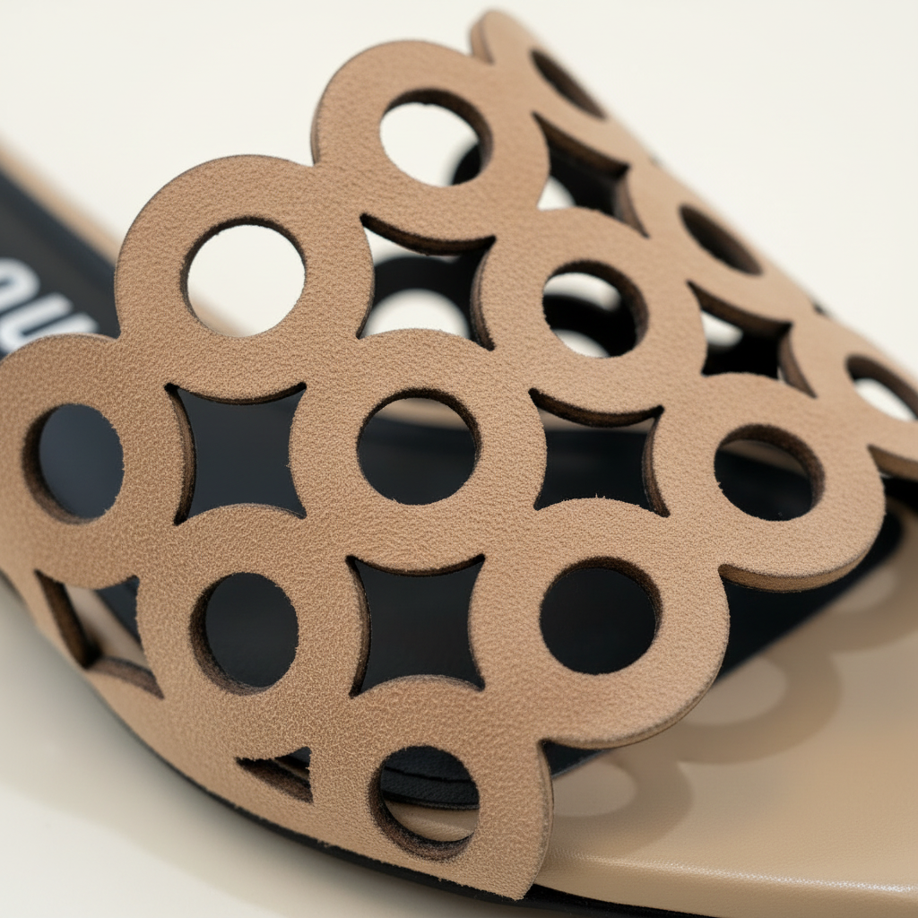 Close-up of a sandal with decorative cut-out design on a light background