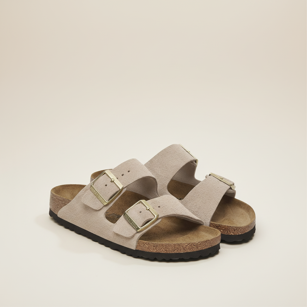 Pair of beige sandals with gold buckles on a beige background