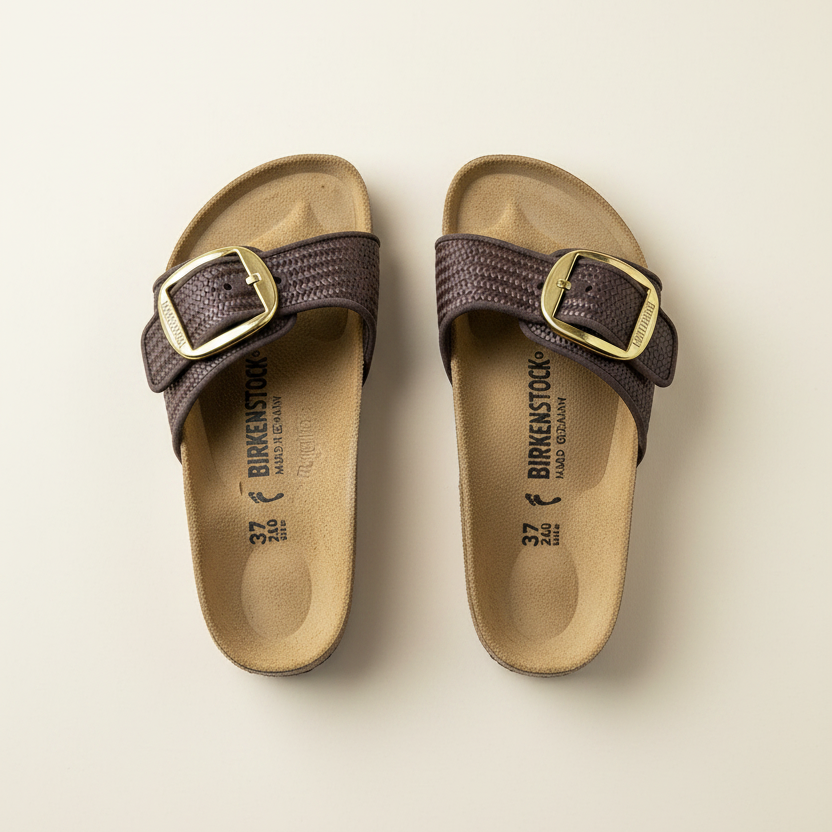 Pair of Birkenstock sandals with brown straps on a light beige background