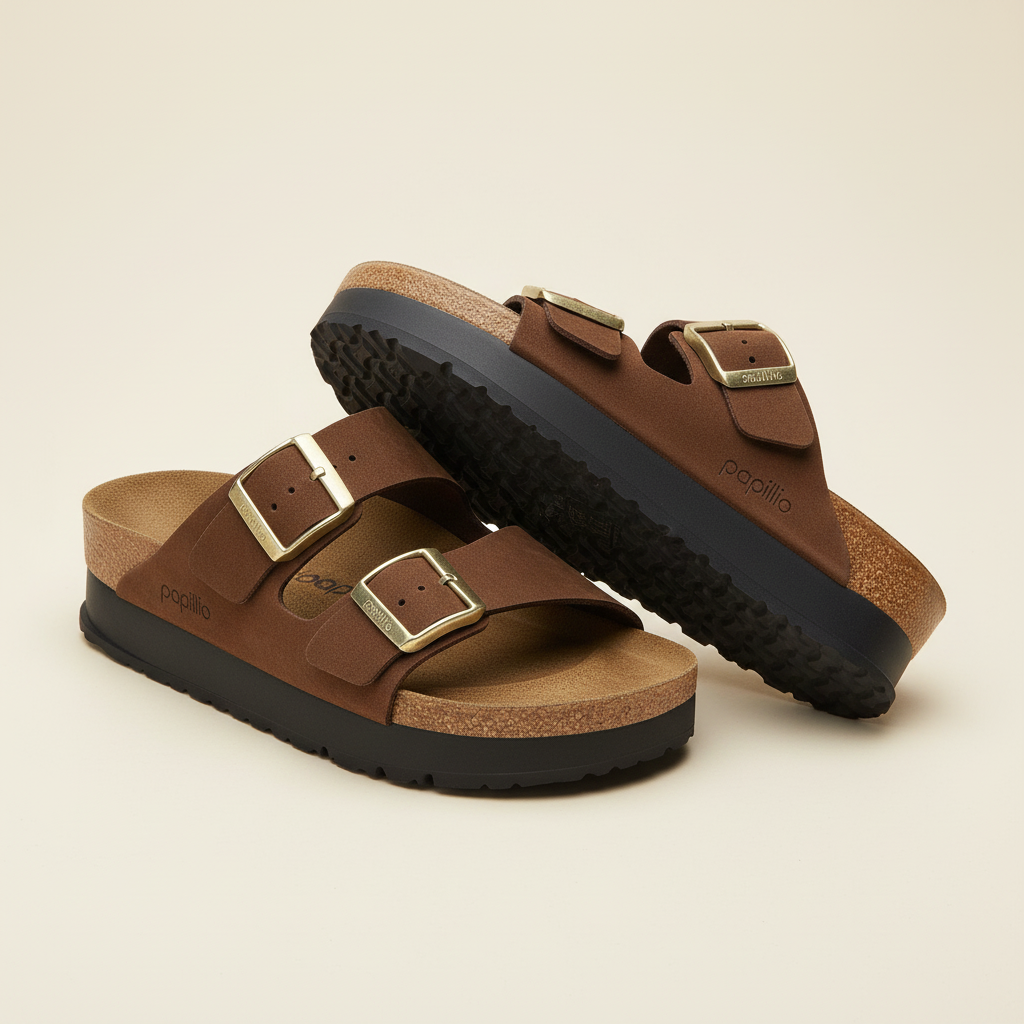 Brown sandals with gold buckles on a beige background