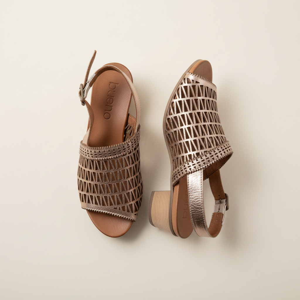 Pair of brown woven sandals on a light beige background