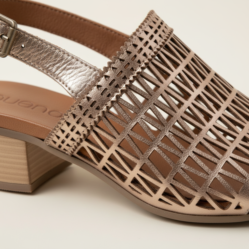 Brown sandal with openwork design on a light background