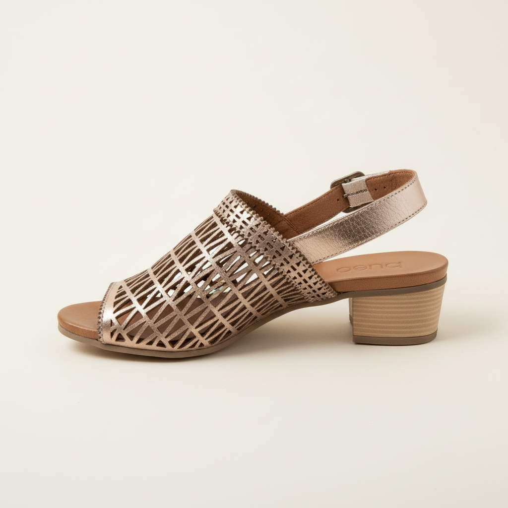 Bronze open-toe sandal with woven design on a beige background
