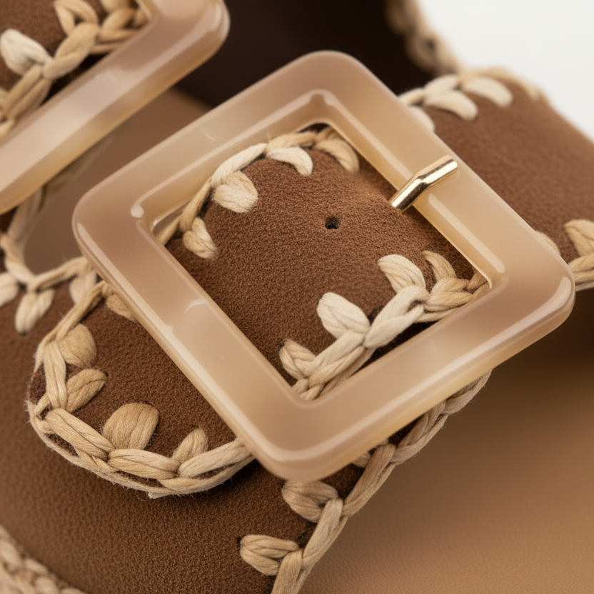 Close-up of brown leather shoes with beige buckles and stitching