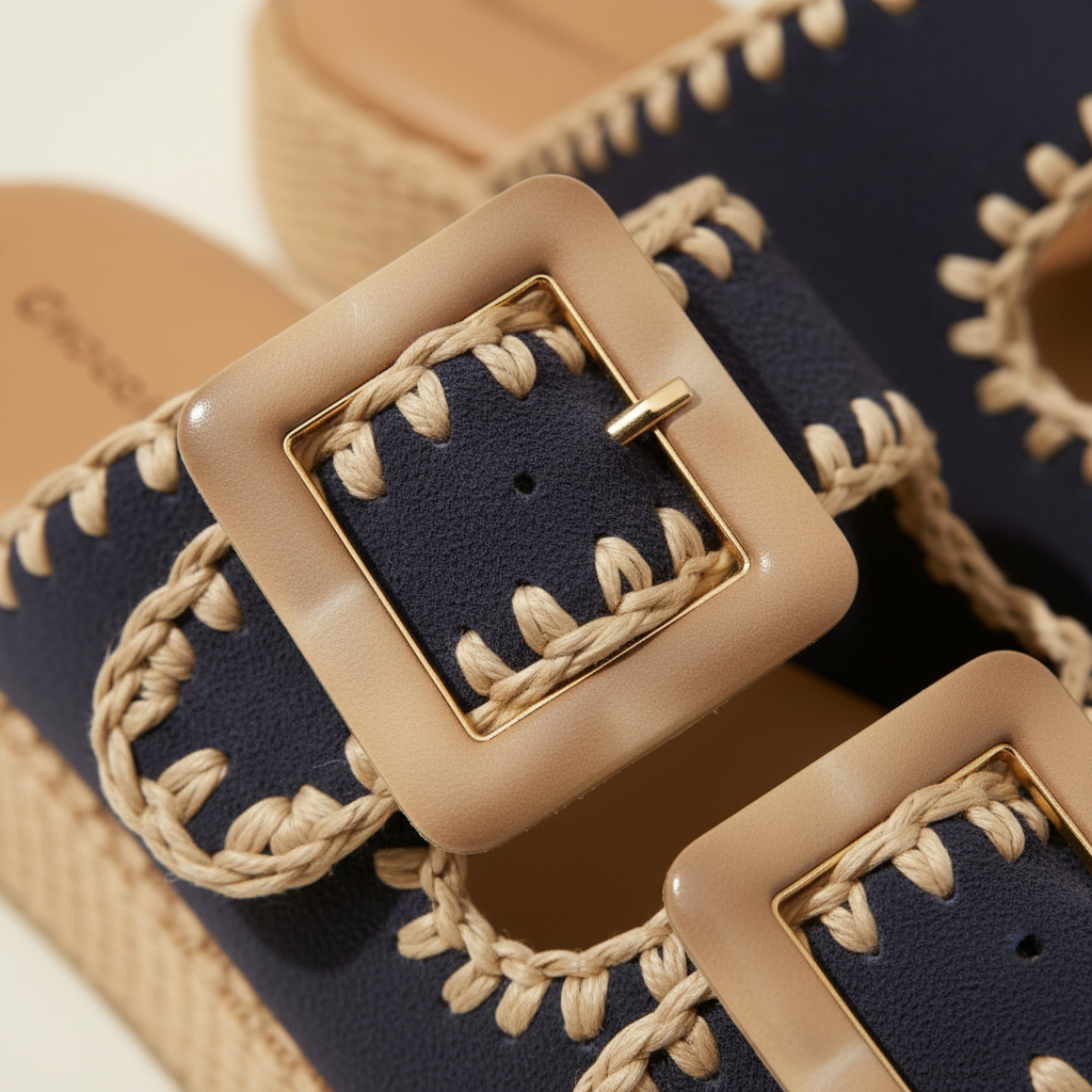 Close-up of a sandal with a braided strap and gold buckle on a beige background