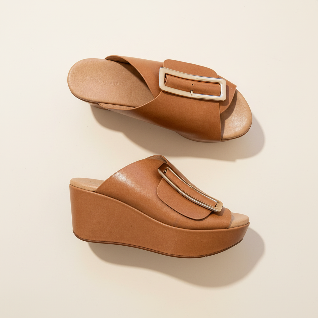 Pair of brown wedge sandals with a buckle on a beige background