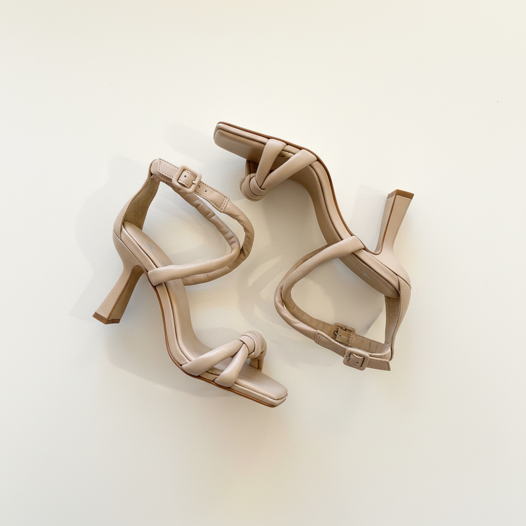 Pair of beige high-heeled sandals on a light background