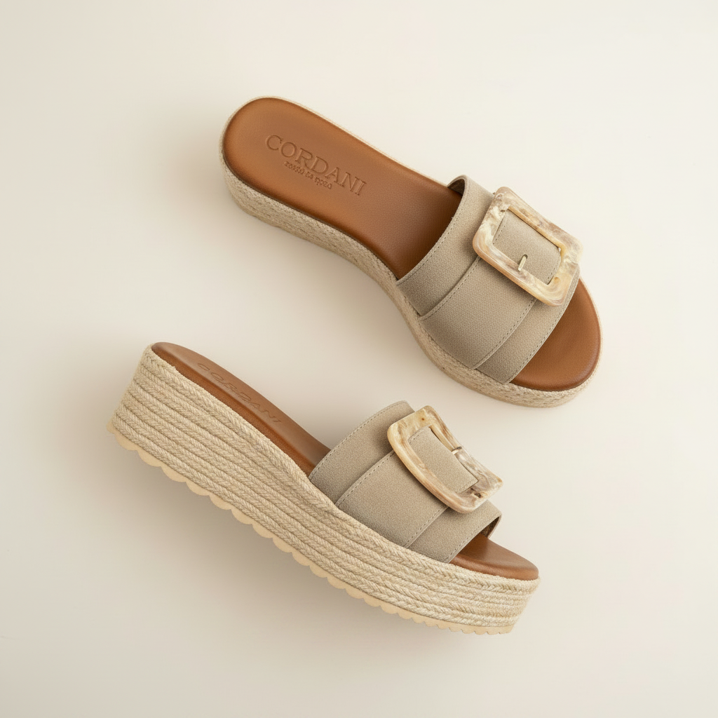 Pair of beige sandals with brown soles on a light background