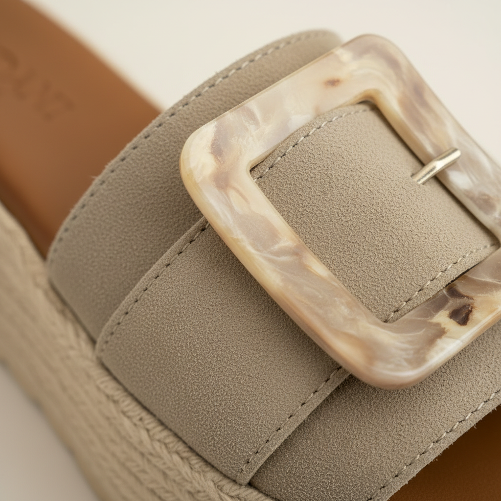 Close-up of a sandal with a decorative buckle on a light background