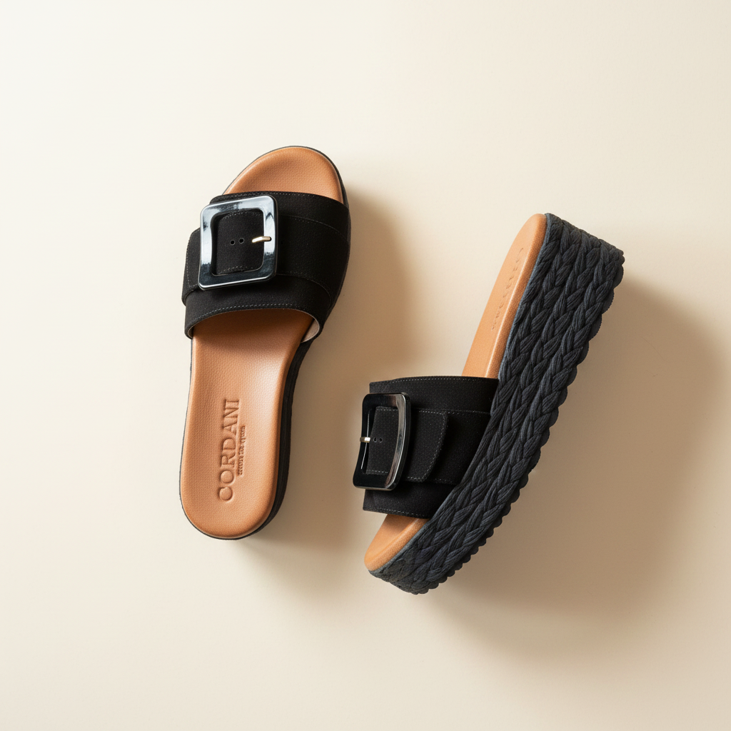 Black sandals with a buckle on a beige background