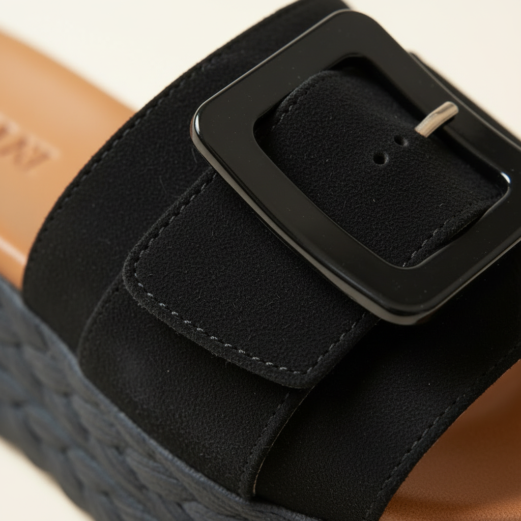 Close-up of a black sandal with a buckle on a light background