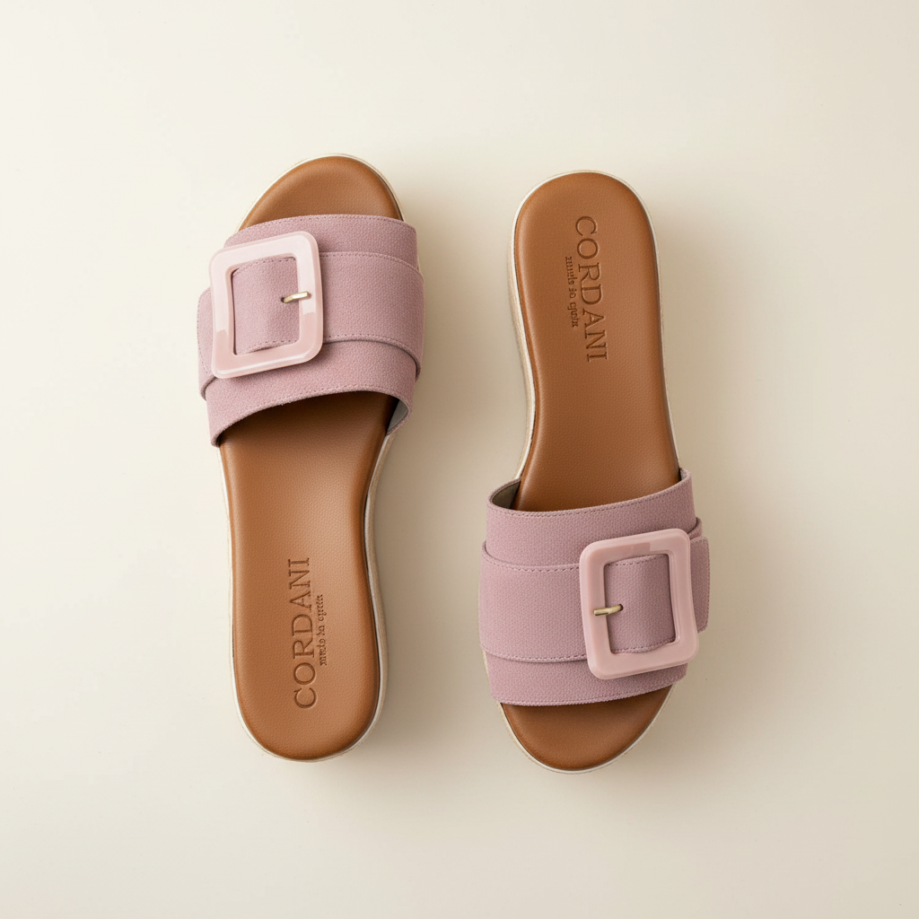 Pair of pink sandals with a buckle on a light beige background