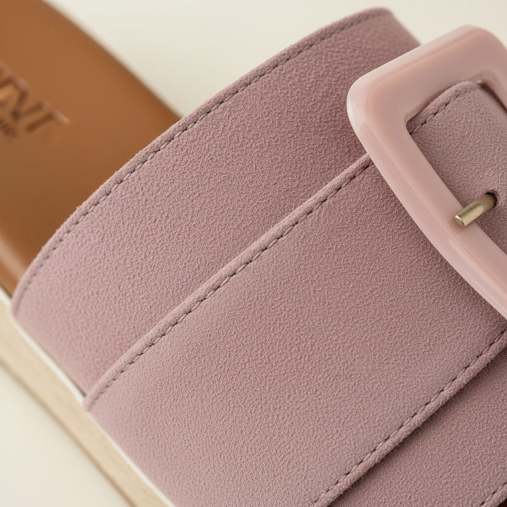 Close-up of a pink sandal with a buckle on a light background