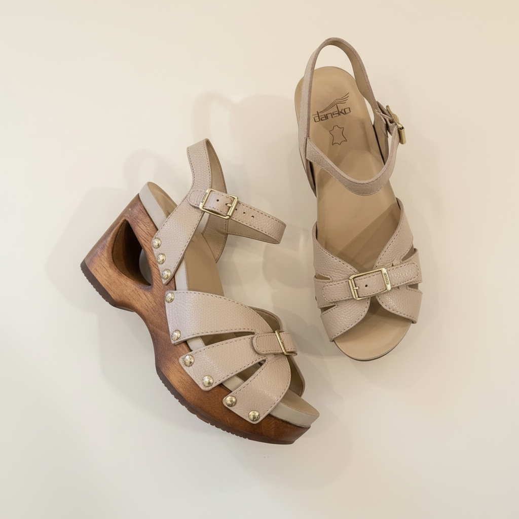 Pair of beige sandals with wooden sole on a light background