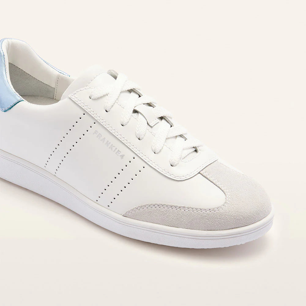 White sneaker with light blue accents on a white background