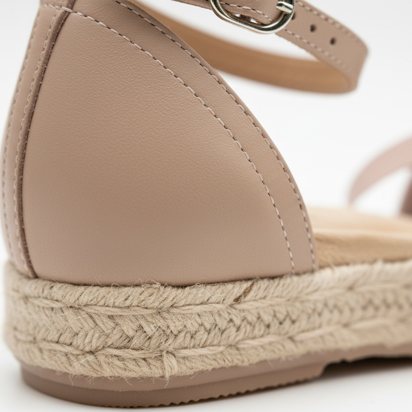Close-up of a beige sandal with a woven sole on a white background