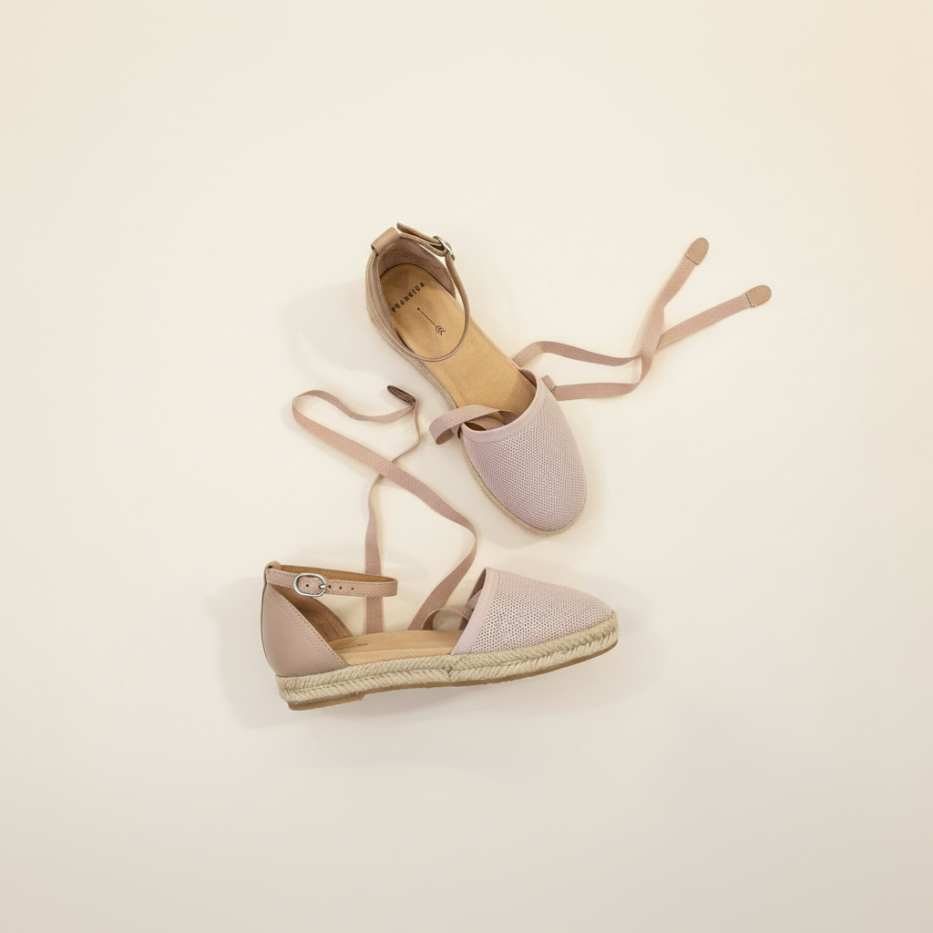 Pair of light pink wedge sandals with straps on a beige background