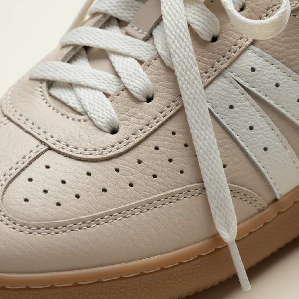 Beige sneaker with white laces on a beige background