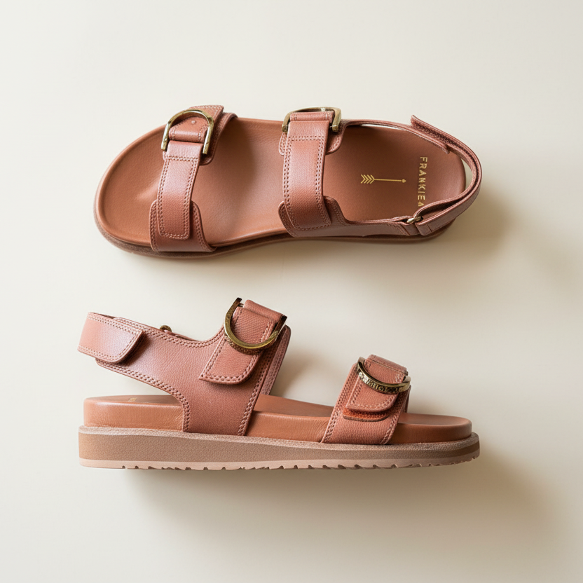 Pair of pink sandals with gold buckles on a beige background