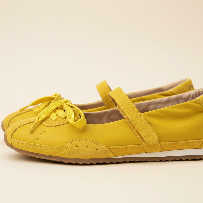 A pair of bright yellow Mary Jane-style sneakers with a hook-and-loop strap and matching yellow laces, photographed on a clean, solid, warm off-white background.