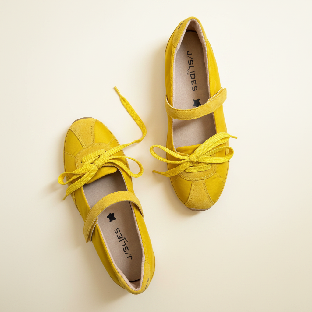 A pair of yellow Mary Jane-style shoes with elastic straps and bow details, photographed from above on a light cream background. The brand name 'visu' is visible on the insoles.
