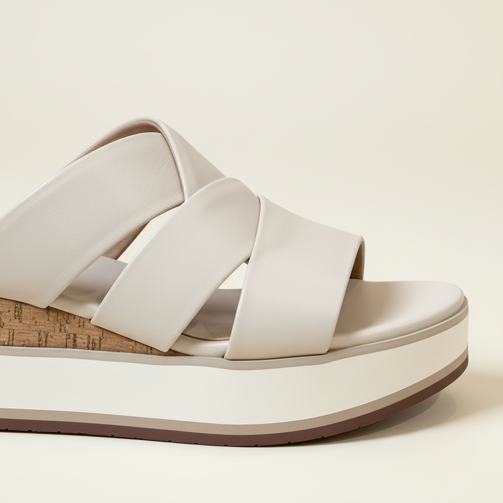 White sandal with criss-cross straps on a beige background