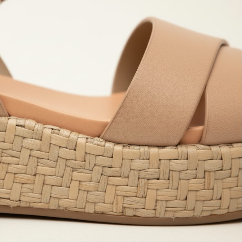 Beige sandal with woven sole on a light background