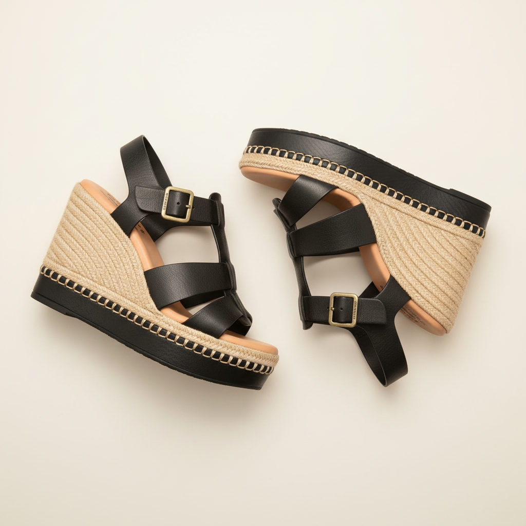 Pair of black wedge sandals with espadrille soles on a beige background