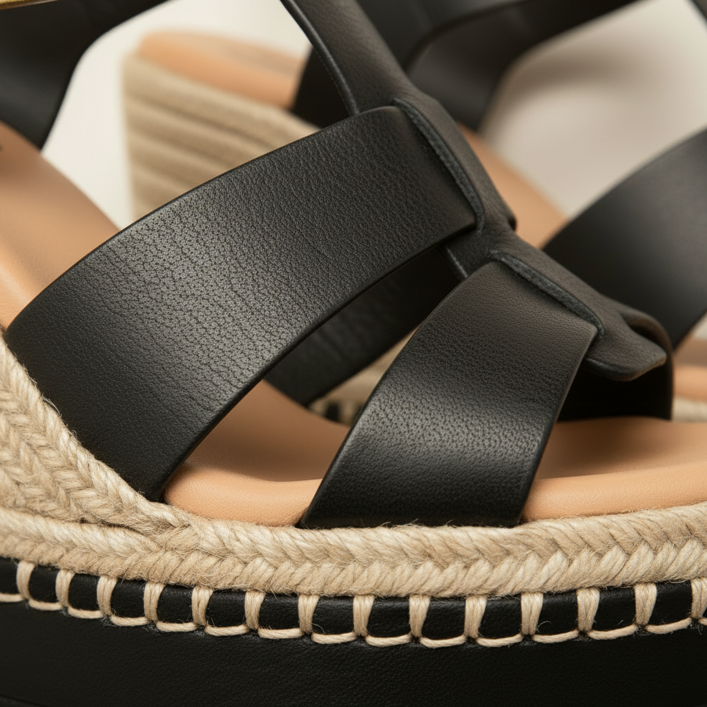 Black leather espadrille sandal with woven sole