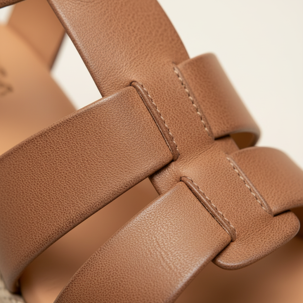 Close-up of a brown leather sandal strap on a light background