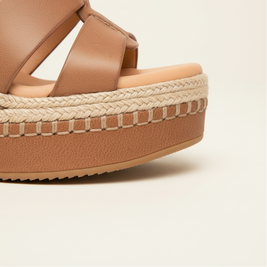 Brown sandal with woven sole on a beige background
