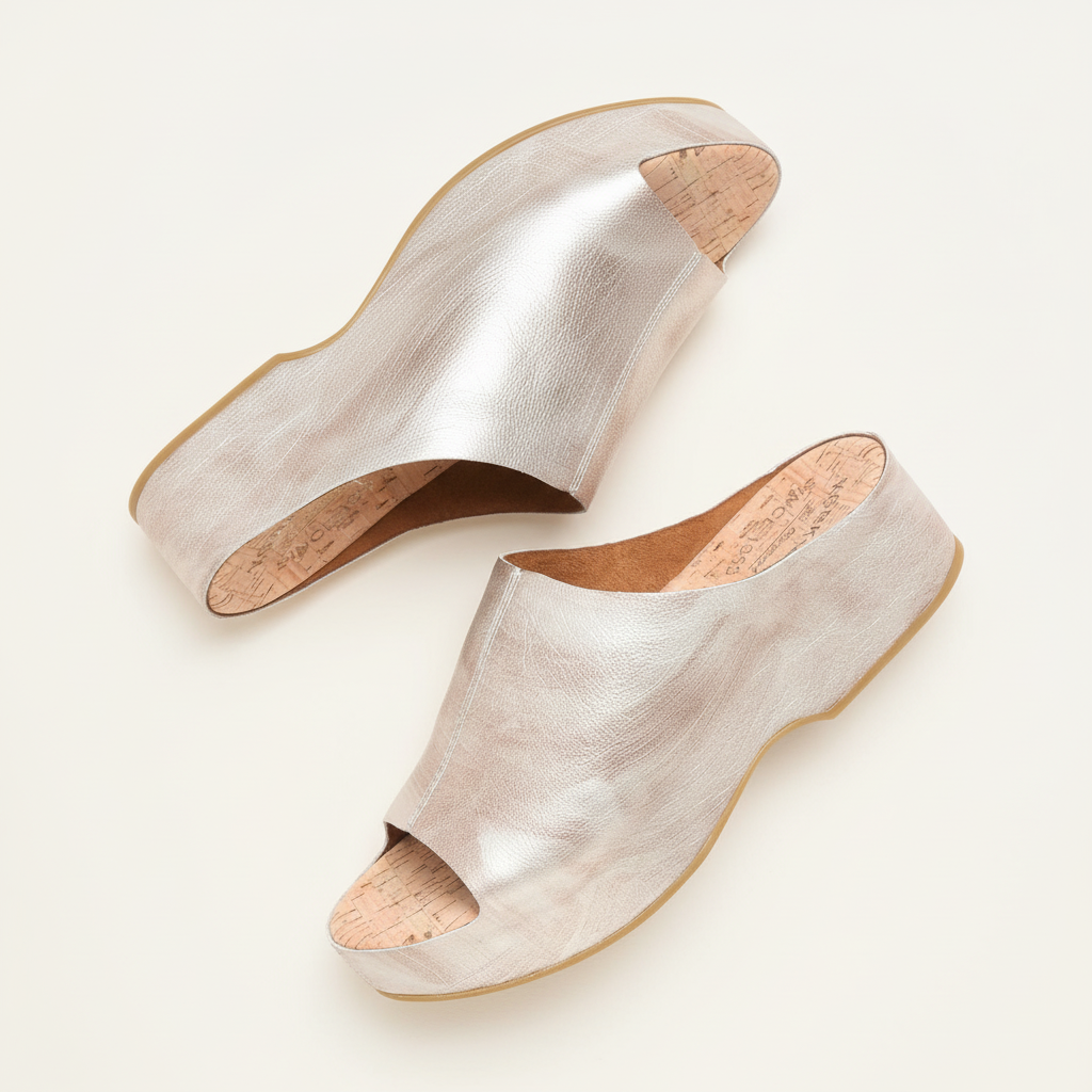 Pair of silver open-toe wedges on a light background