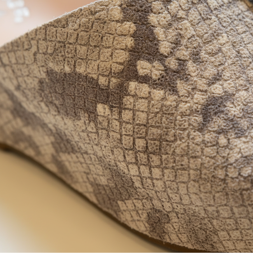 Pair of snake print sandals with buckles on a light background