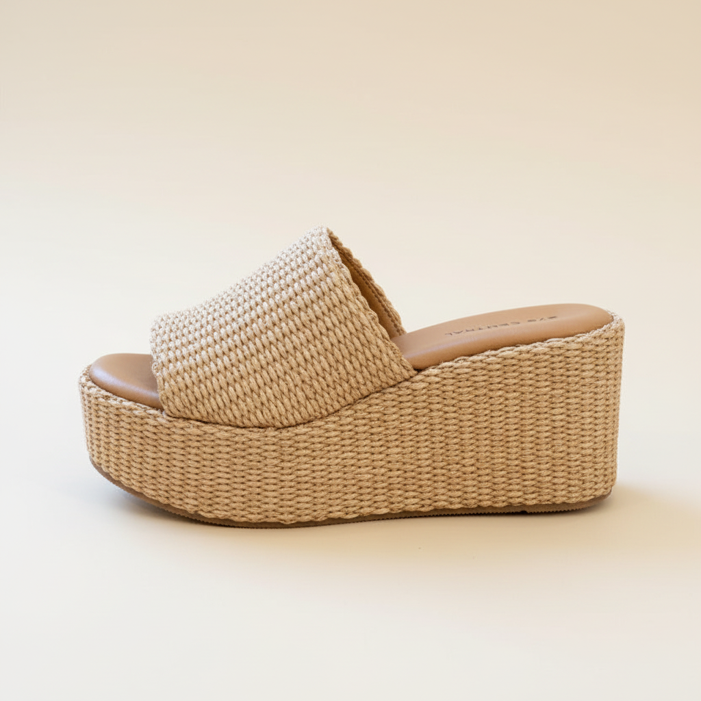 Beige woven platform sandal on a light beige background