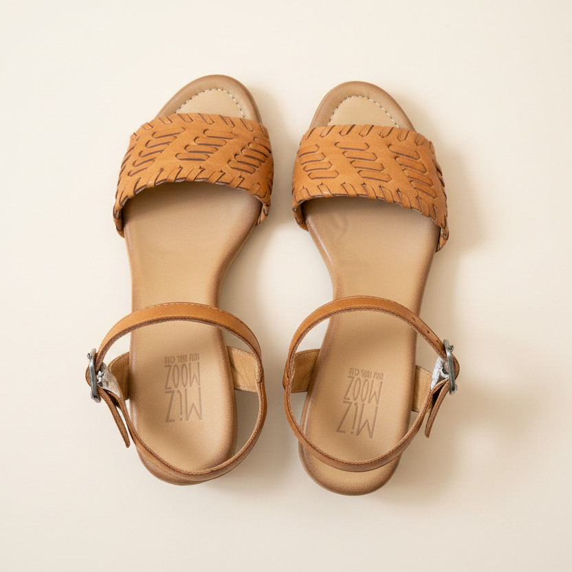 Pair of tan sandals with 'Miz Mooz' branding on a beige background