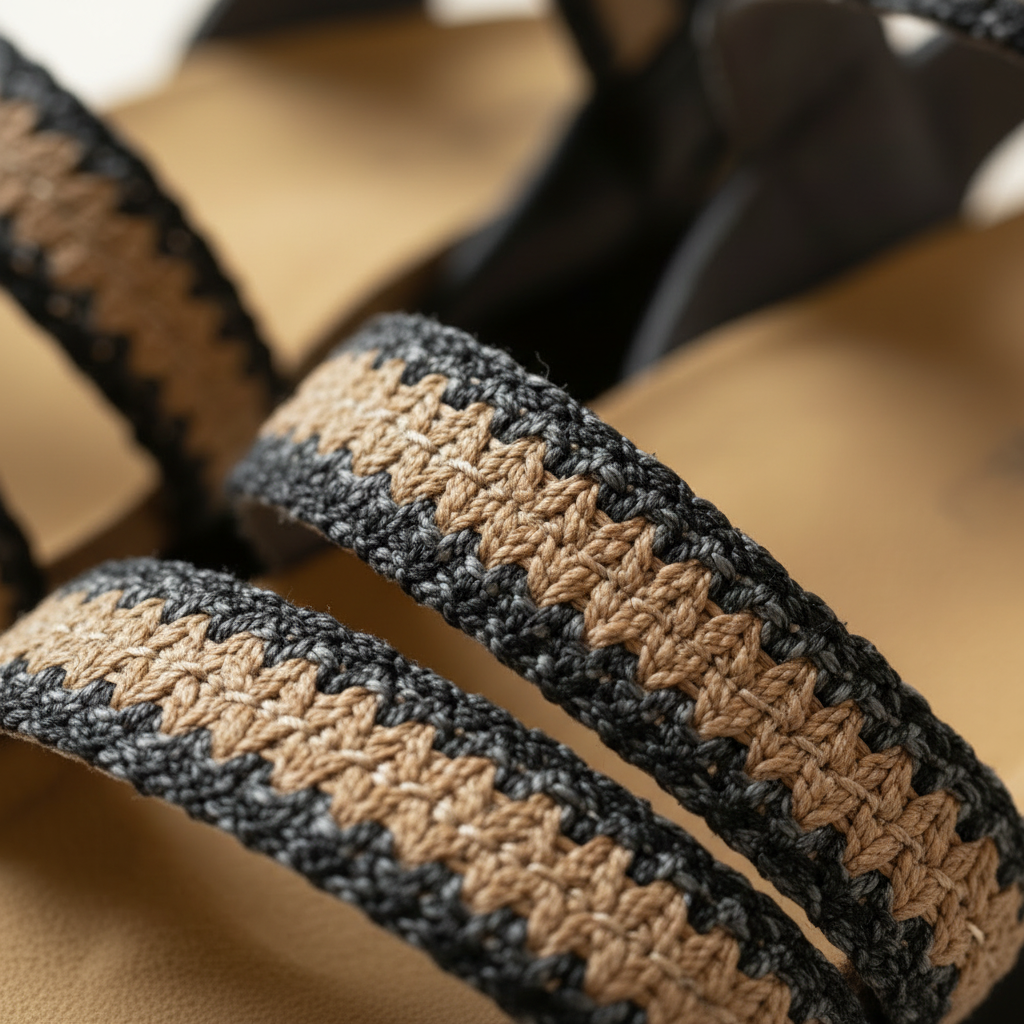 Close-up of woven brown and black belt on a blurred background