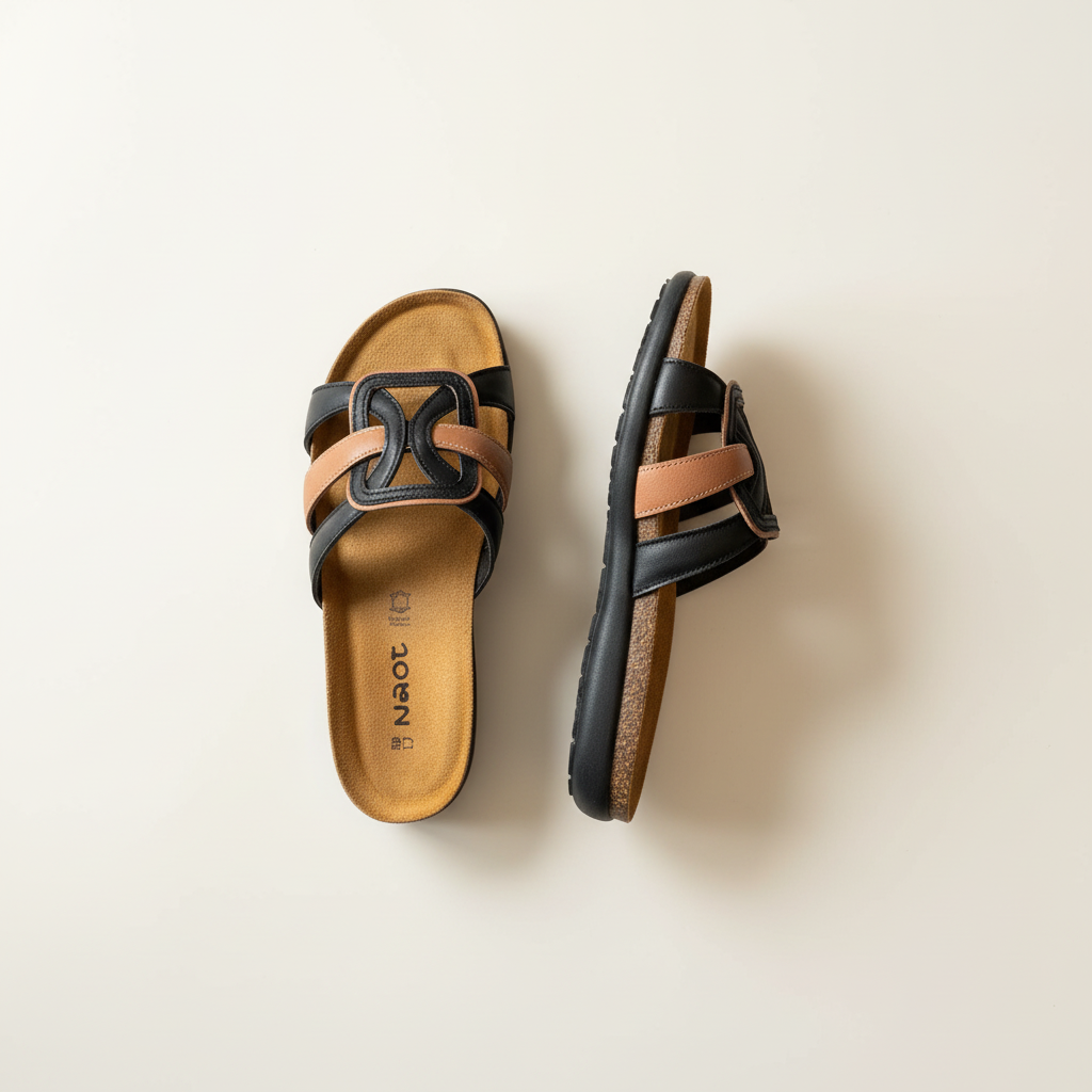 Pair of sandals with black and brown straps on a light background