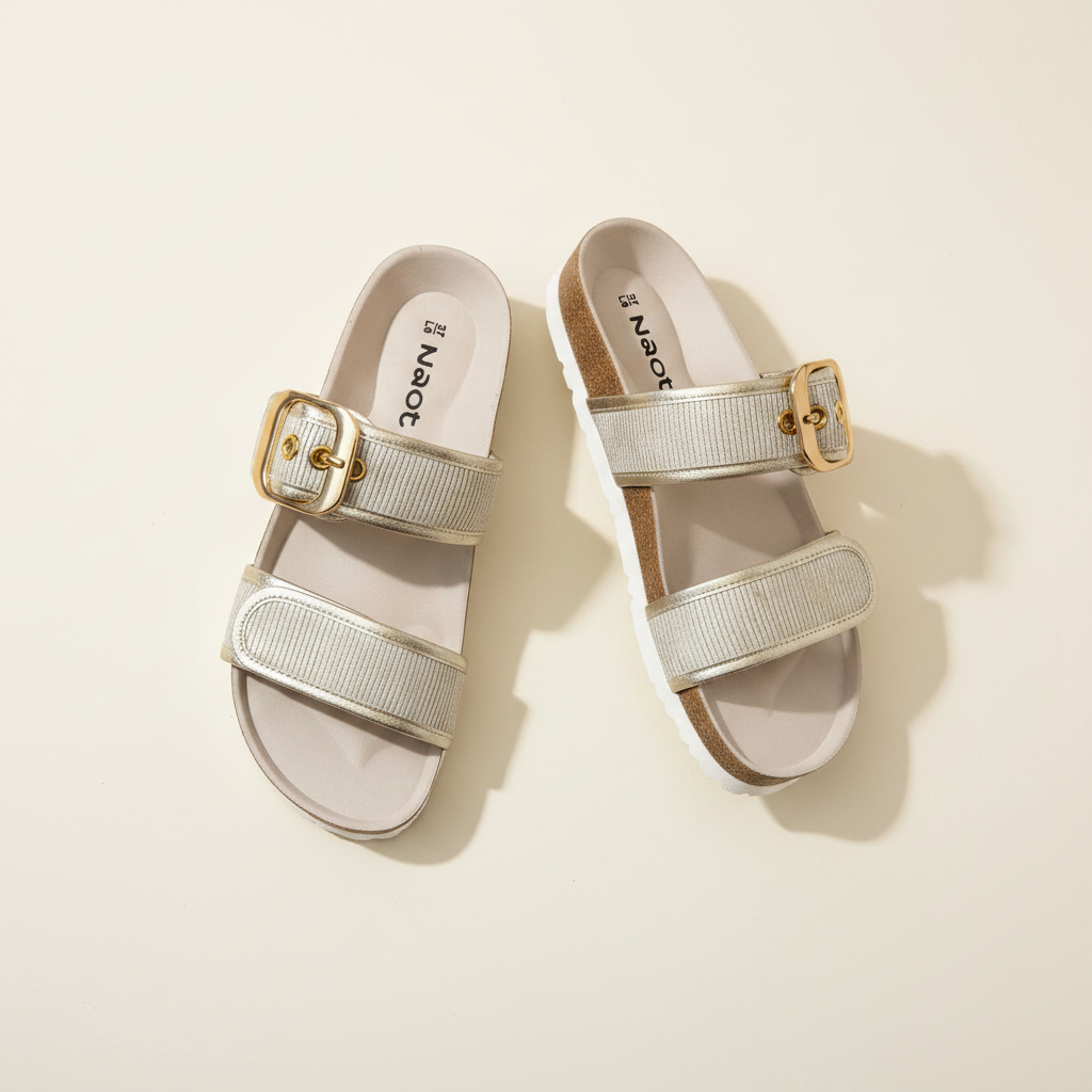 Pair of silver sandals with gold buckles on a beige background