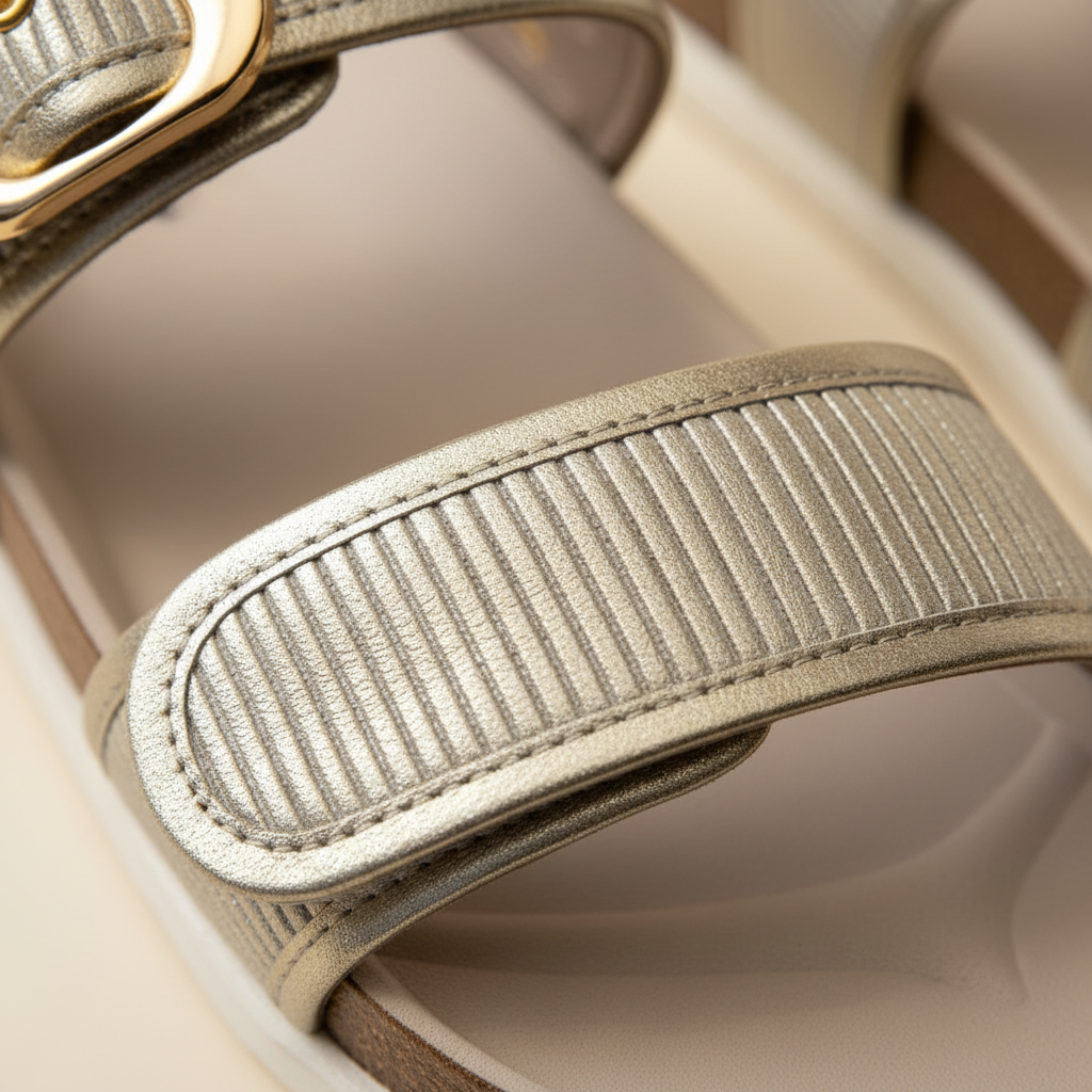 Close-up of a sandal with a textured strap and gold buckle.