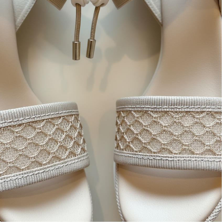 Close-up of beige lace trim on a neutral background