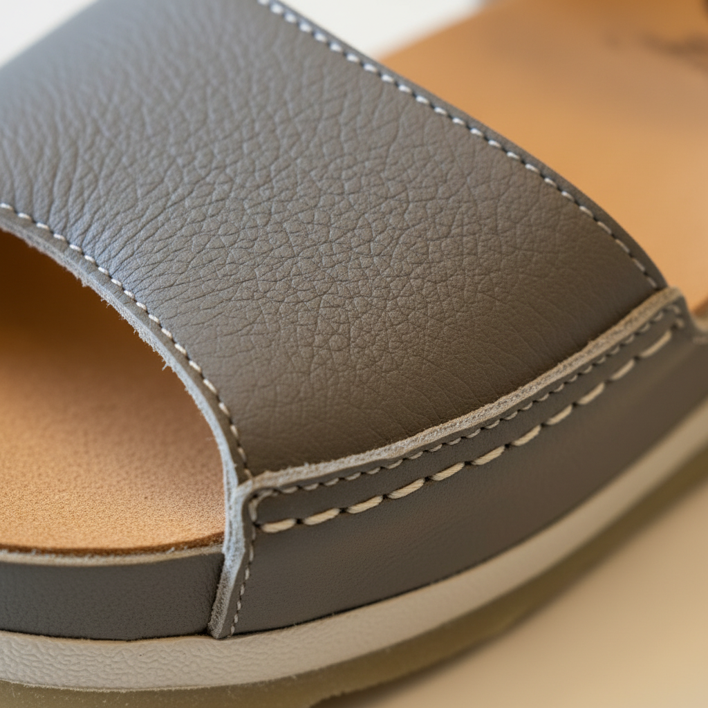 Close-up of a gray sandal with a tan insole on a beige surface