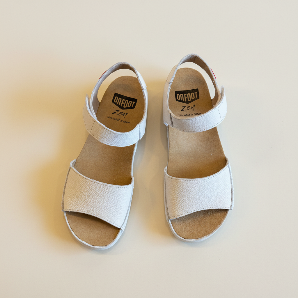 Pair of white sandals with 'Onfoot' branding on a beige background