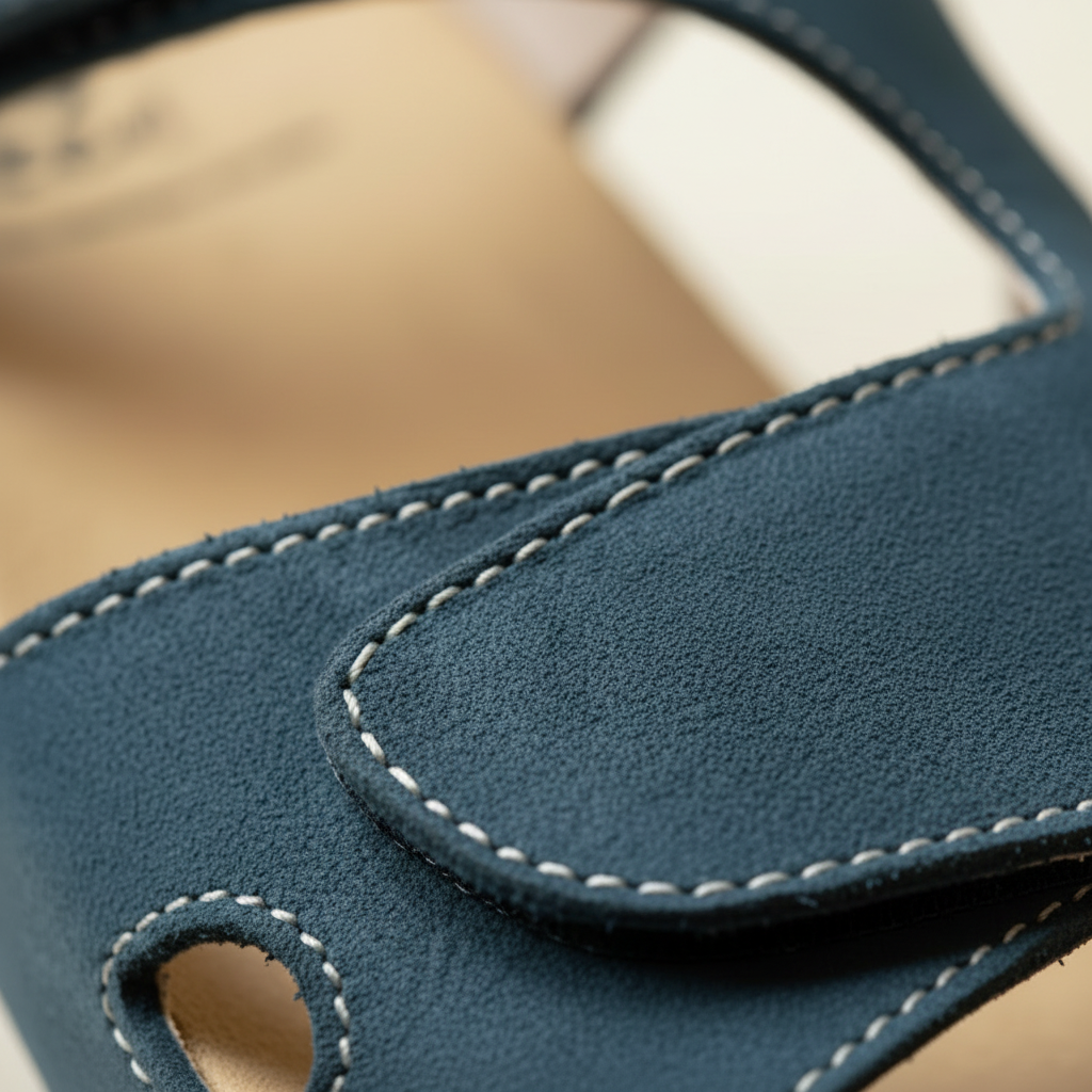 Close-up of a blue leather product with white stitching on a blurred background