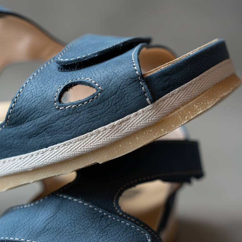 Close-up of a blue sandal with a white sole on a blurred background